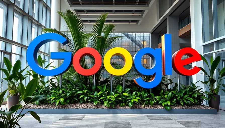 Colorful Google logo with plant backdrop in an office.