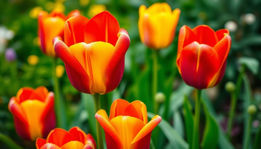Vibrant red and yellow tulips in a field, different types of tulips.