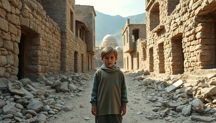 US aid response Afghanistan earthquake - boy in damaged village.