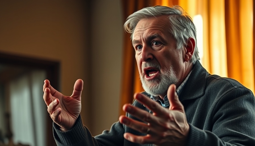 Man passionately gesturing during a speech, intense expression.