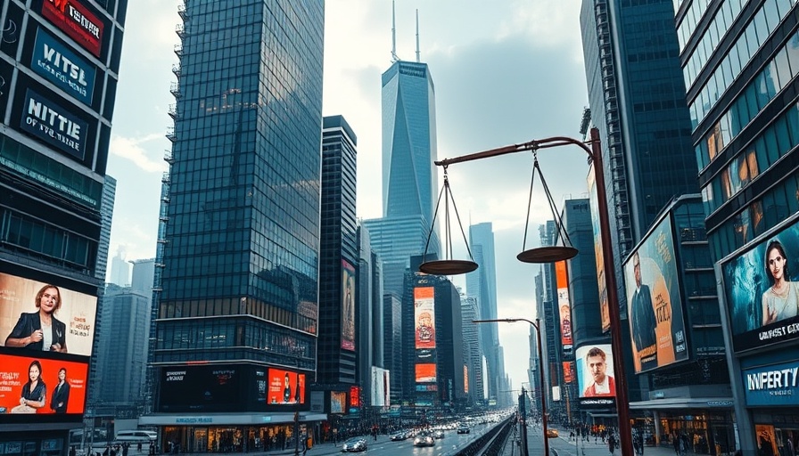 Futuristic cityscape with justice theme for Anthropic copyright settlement.