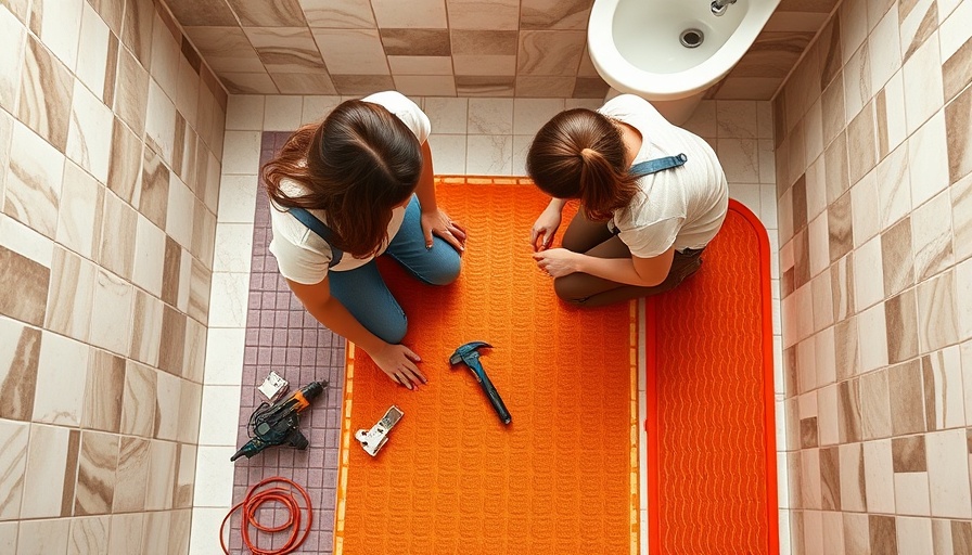 Two women installing radiant floor heating in a bathroom.