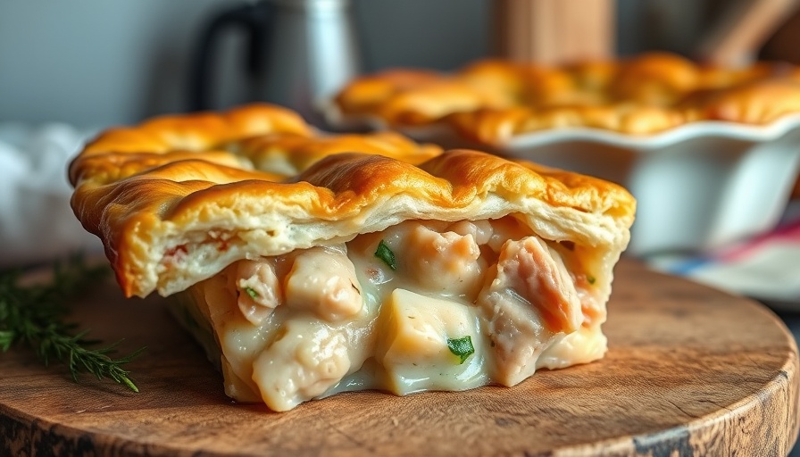 Close-up of a chicken pot pie slice with flaky crust.
