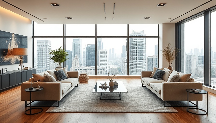 Modern living room decor with sleek furniture and warm lighting.