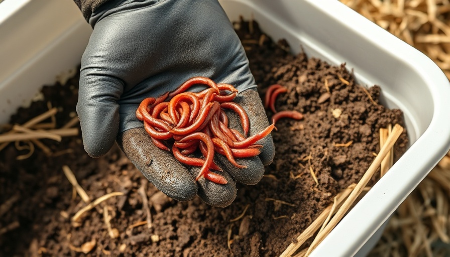 Worm castings in glove with compost in plastic bin