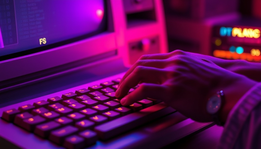 Retro computer and keyboard in vibrant colors.