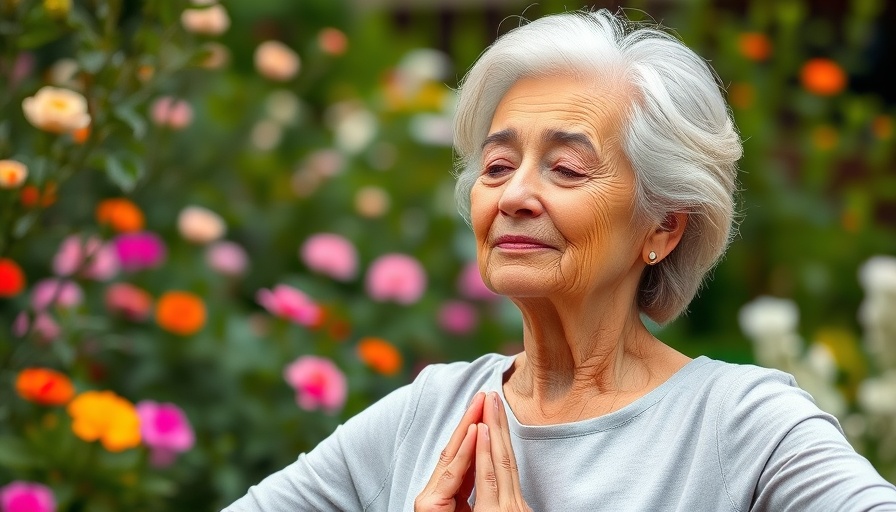 Elderly woman practicing yoga in a garden for senior wellness coaching.