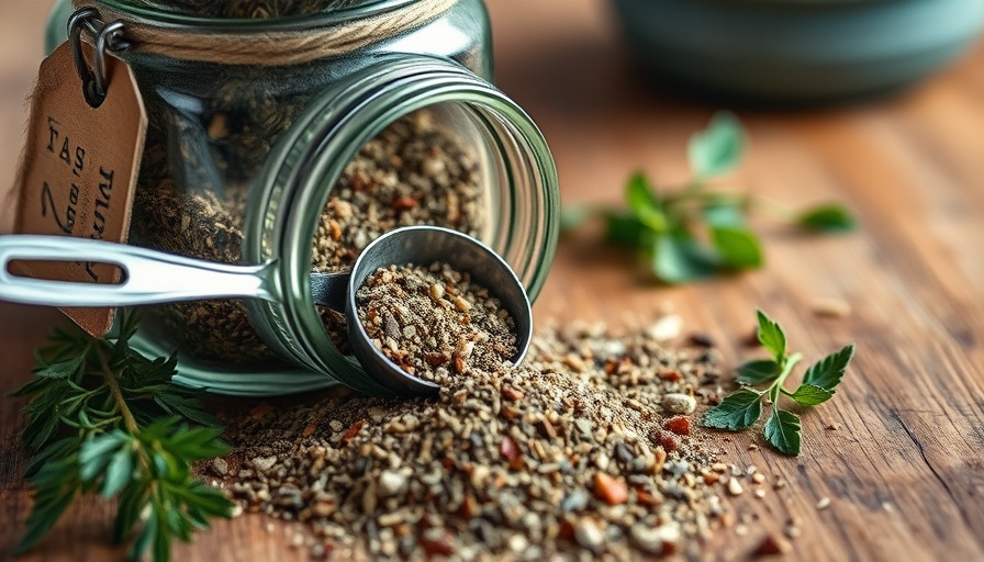Close-up of homemade Italian seasoning in a jar and spoon.