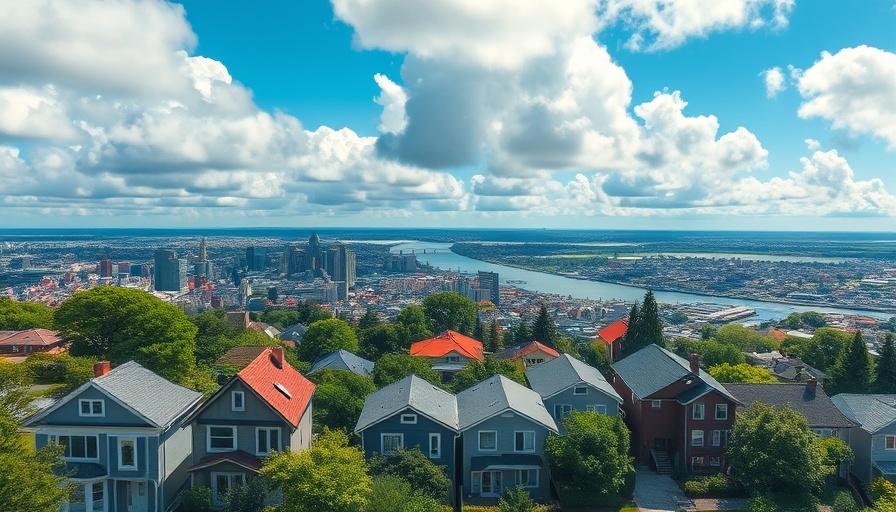Urban skyline with homes for sale overlooking cityscape and greenery.
