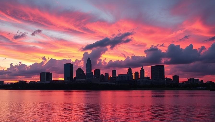 Kansas City skyline at sunset with purple and pink hues.