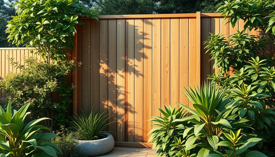 DIY wood privacy screen in a lush garden with plants.