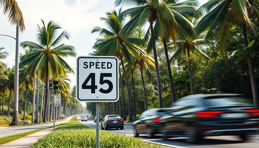 Speed limit sign with cars and palm trees on a sunny day.