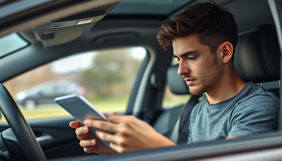 Young man in car focuses on smartphone for remote vehicle disabling.