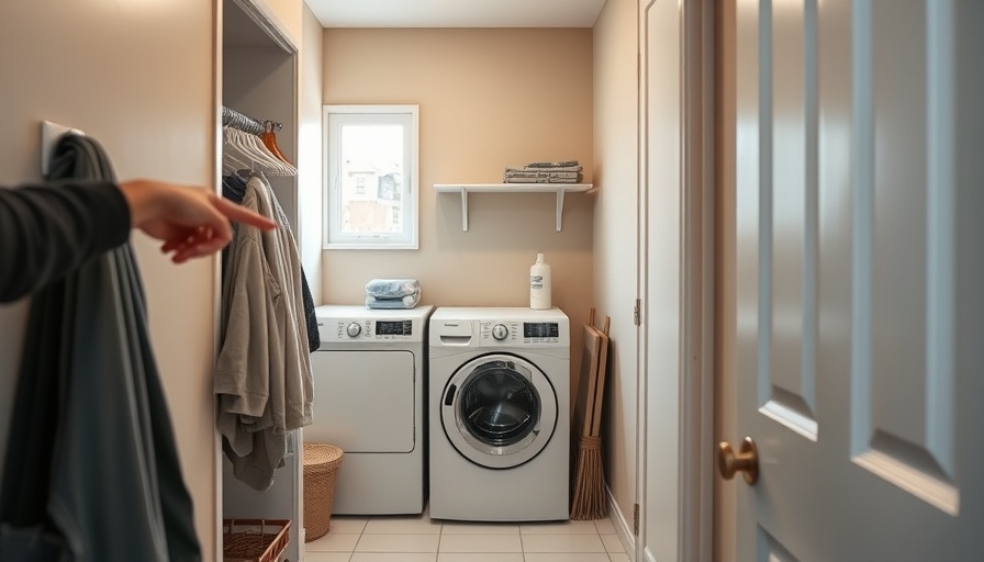 Narrow laundry mudroom cluttered, showcasing renovation potential.