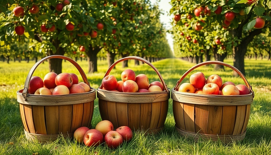 Wooden baskets with apples in orchard for fall gardening tips.