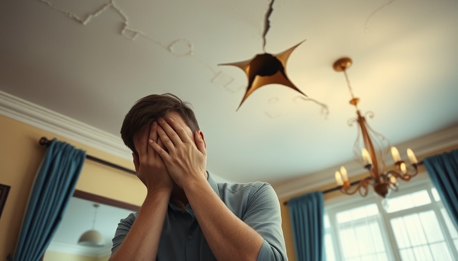 Concerned man reacting to serious ceiling crack issue in room