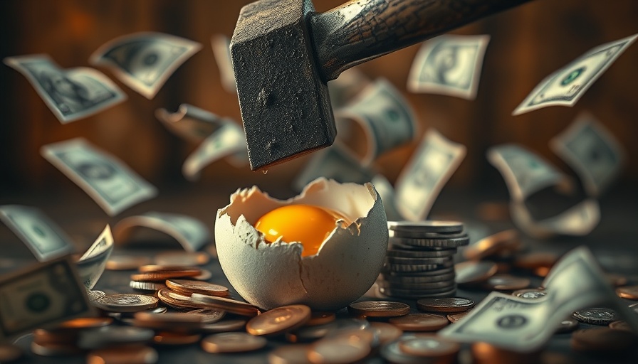 Hammer cracking an egg with flying money, concept of Irrevocable Life Insurance Trust.