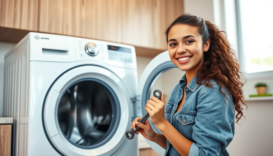 Woman installing a washer and dryer in a modern laundry room.