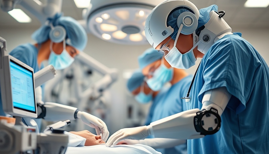 AI in surgery: robotic arms assist during an operation in a sterile, modern OR.