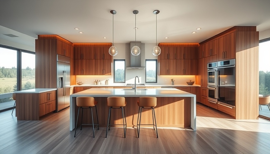 Modern island modular kitchen design with wood accents.