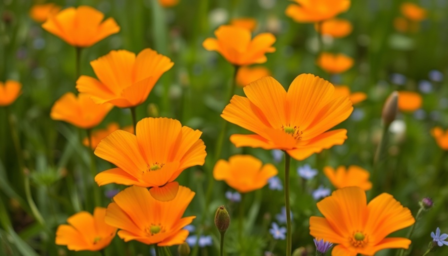 Growing California poppy in a colorful wildflower meadow.