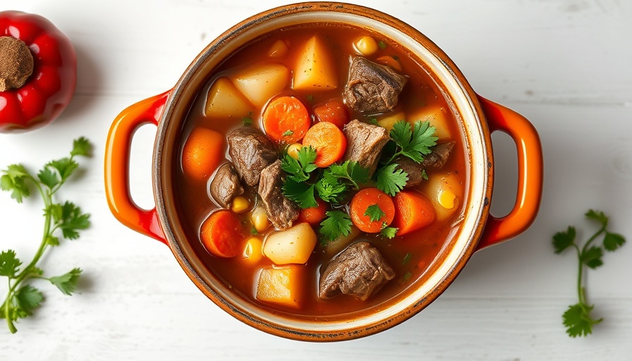 Hearty vegetable beef soup recipe in a pot, garnished beautifully.