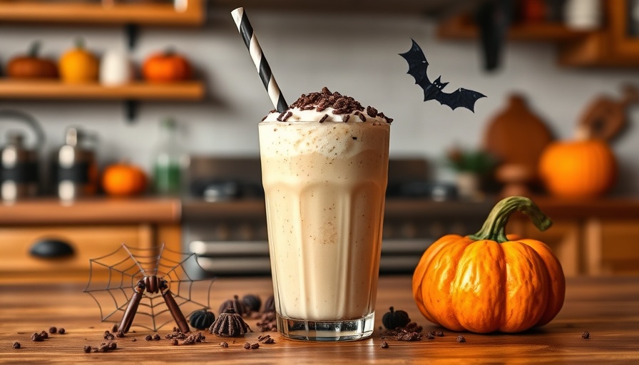 Healthy Halloween Protein Shake with spooky decoration on a wooden counter.
