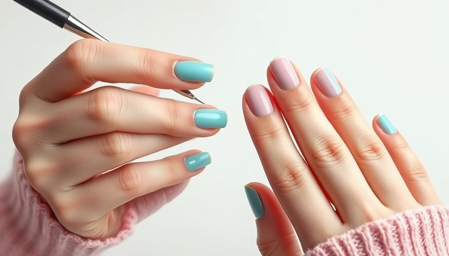 Hands applying C-shaped French manicure with turquoise polish.