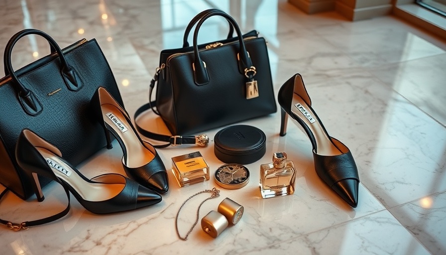 Elegant display of luxury accessories and best new fragrance on marble floor.