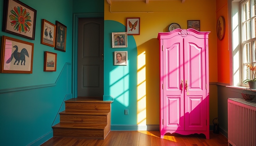 Vibrant colorful room with teal and yellow walls, pink wardrobe.