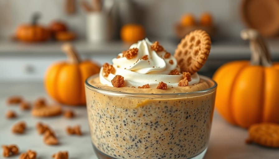 Protein-packed pumpkin chia pudding in a jar, topped with whipped cream and cookies.