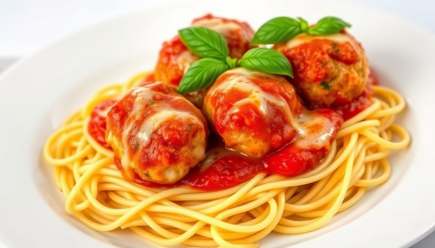 Tasty Chicken Parmesan Meatball Skillet over spaghetti.