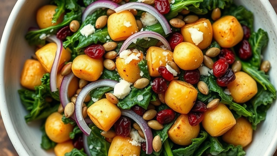 Roasted Gnocchi Kale Salad with vibrant ingredients in a bowl.