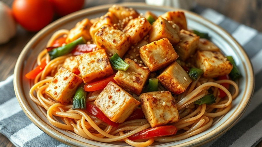 Crispy tofu stir fry with noodles in a ceramic bowl.