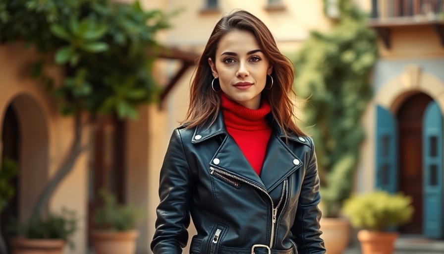 Confident young woman outdoors in leather jacket, sunny day.
