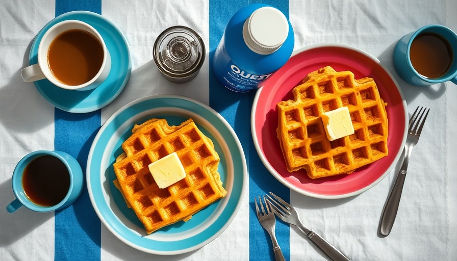Colorful breakfast setup with waffles and Quest protein shake.