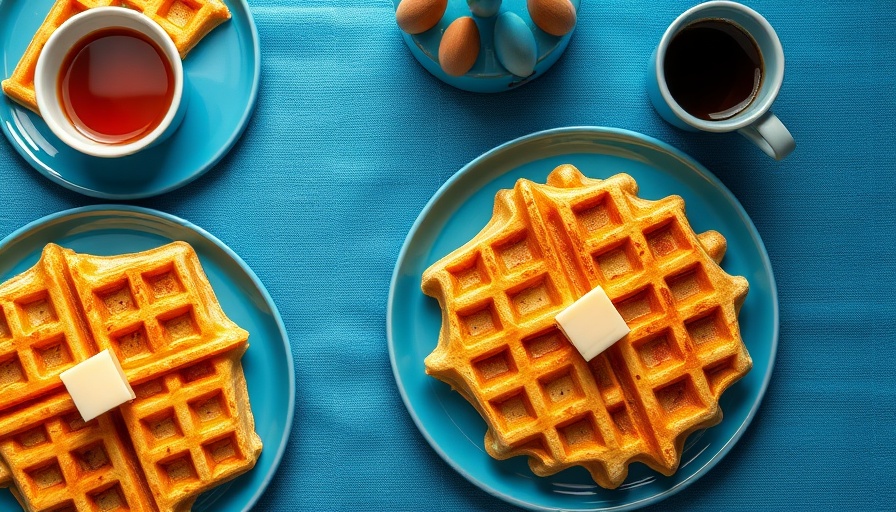 Delicious waffle breakfast with syrup, butter, and protein shake.