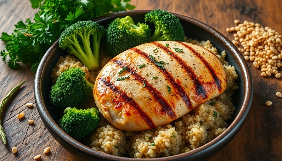 Healthy meal of chicken, broccoli, quinoa for muscle-building diet.