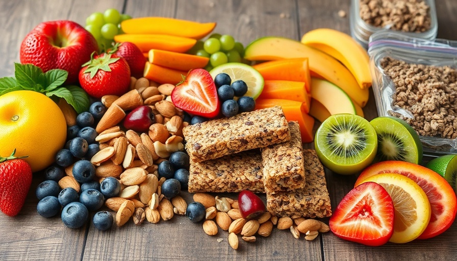 Colorful healthy to-go snacks on rustic table, vibrant fruits and nuts.