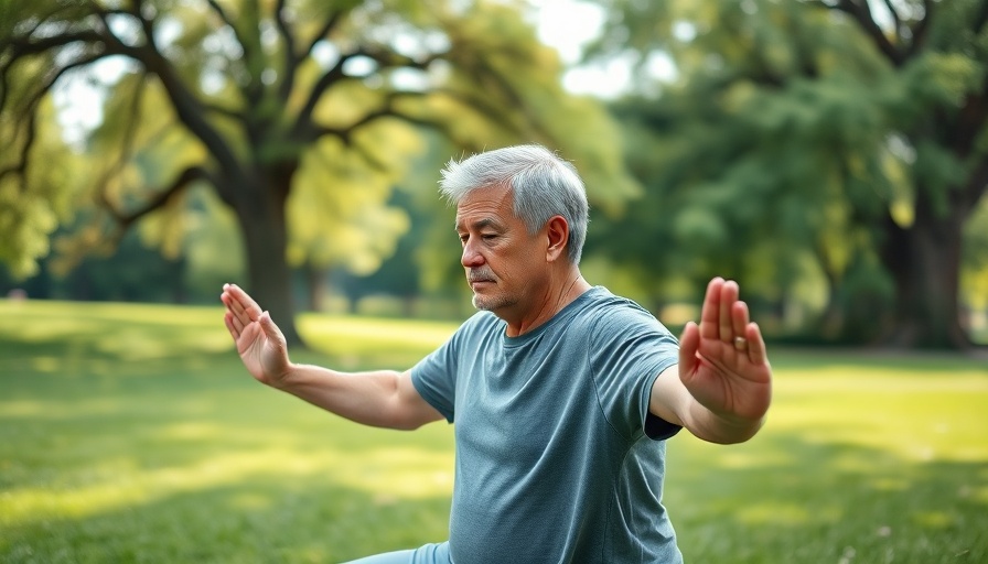 Mature man practicing yoga outdoors for Aging and Men's Health
