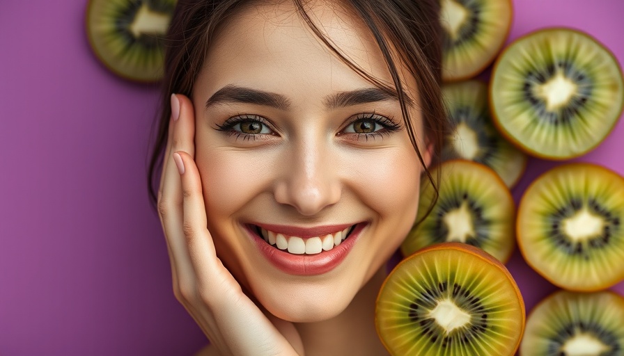 Radiant woman with kiwi slices, showcasing botanic skin nutrition benefits.