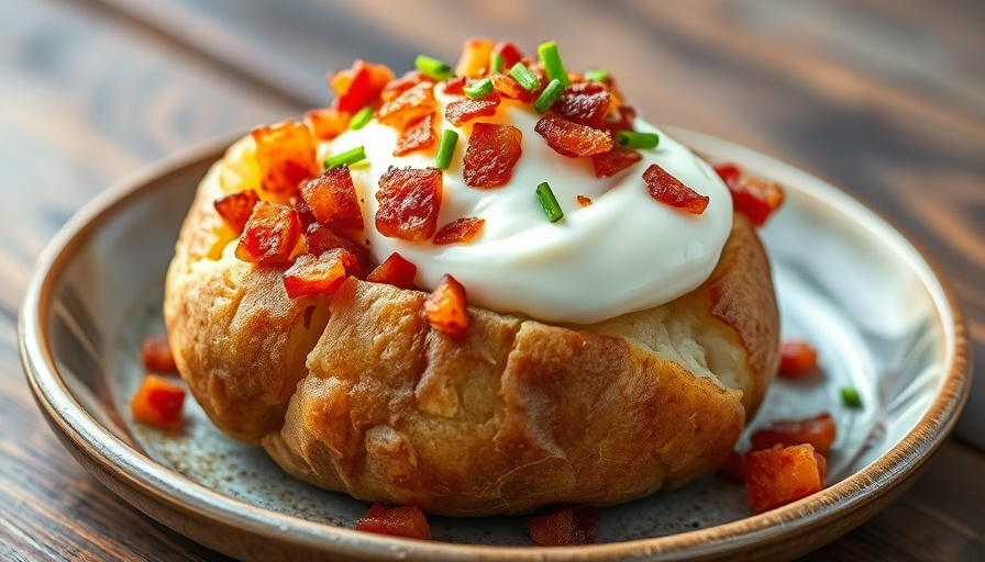 Microwave baked potato topped with sour cream and bacon