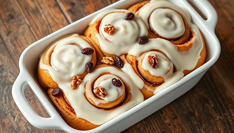 Carrot Cake Cinnamon Rolls with icing and nuts in a baking dish.