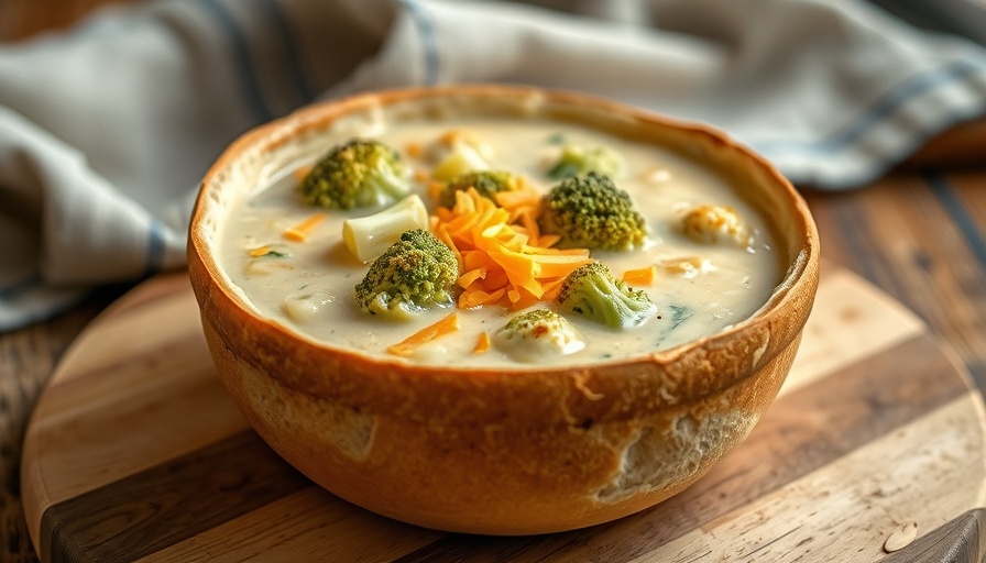Broccoli cheddar soup health benefits in bread bowl.