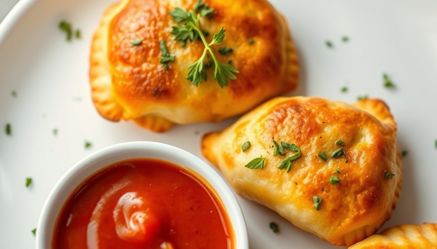 Golden high-protein pizza hot pockets with tomato sauce.