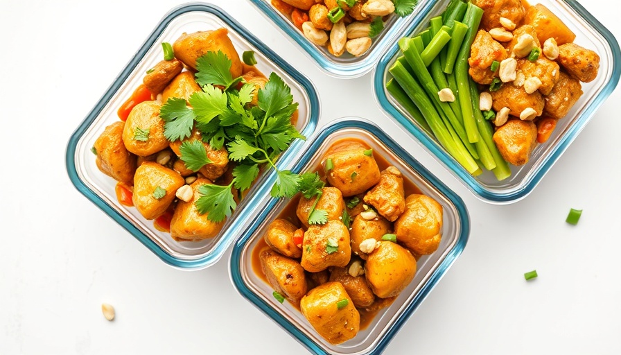 Vibrant meal prep baked peanut chicken in glass containers.