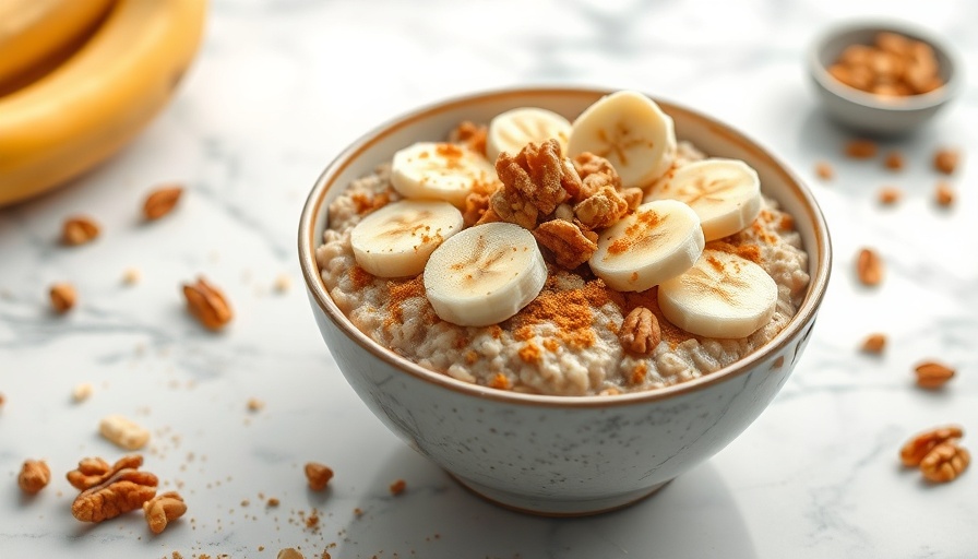 Fluffy Banana Stovetop Oatmeal with toppings on marble.