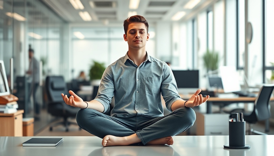 Relaxed young man meditating in an office setting for best mindfulness blogs.