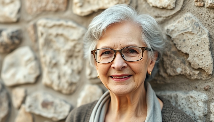 Elderly woman in blue jacket smiling, stone background, gentle lighting