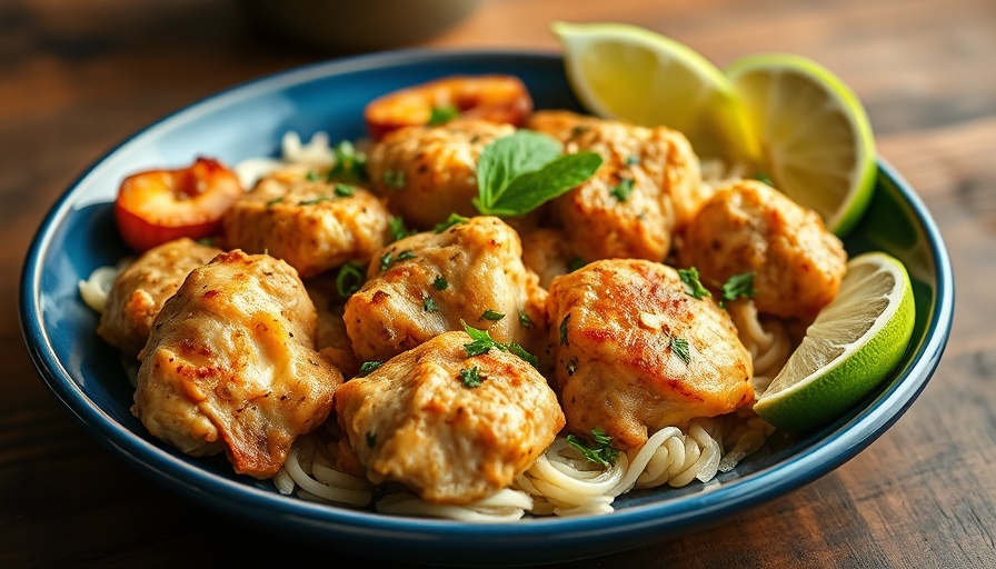 One Pan Coconut Lime Chicken on a blue plate with lime wedges.